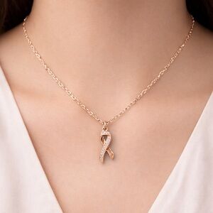 Rose Gold Awareness Ribbon Necklace with Crystal Accents